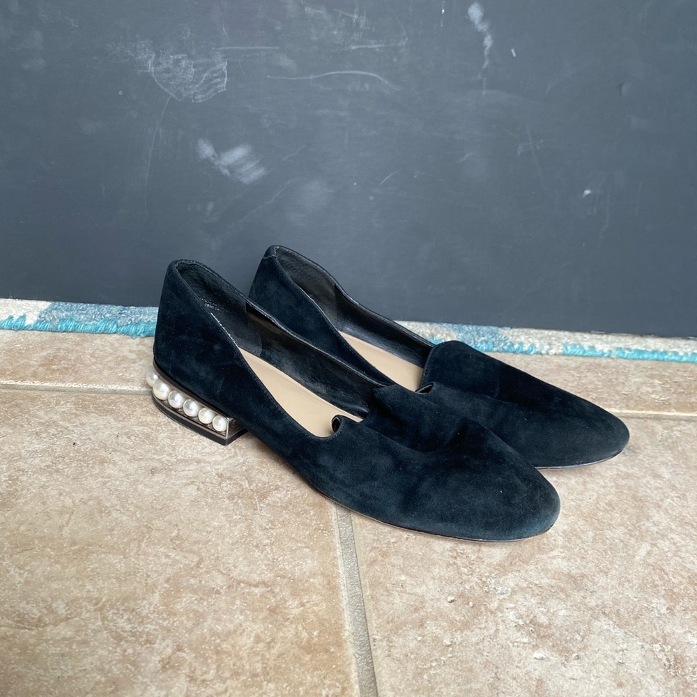 Womens dress flat with pearl heel. Genuine suede